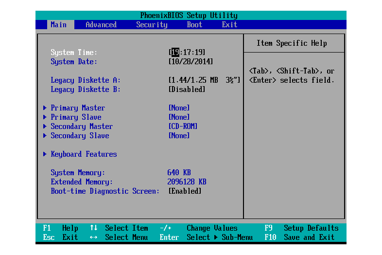 Skärmdump av en BIOS Setup Utility-huvudmeny