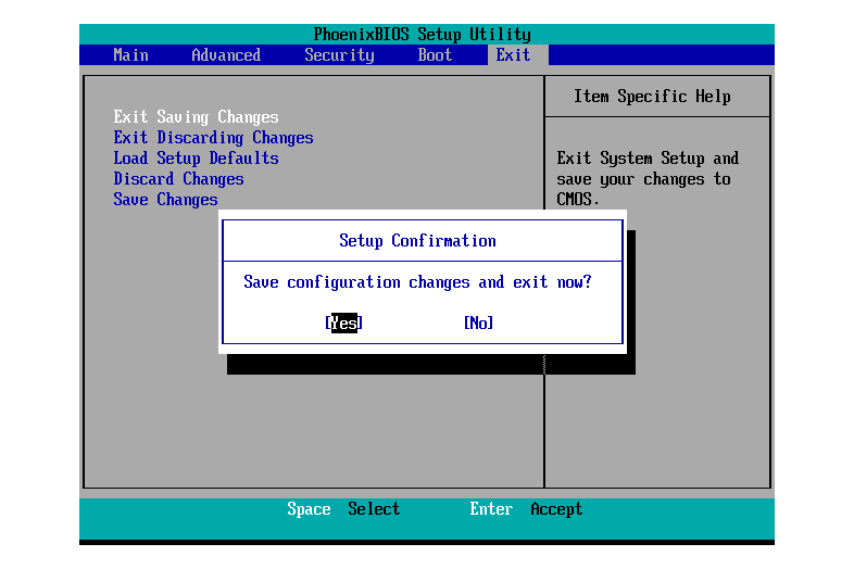 Skärmdump av ett BIOS-installationsverktyg Spara och avsluta bekräftelse