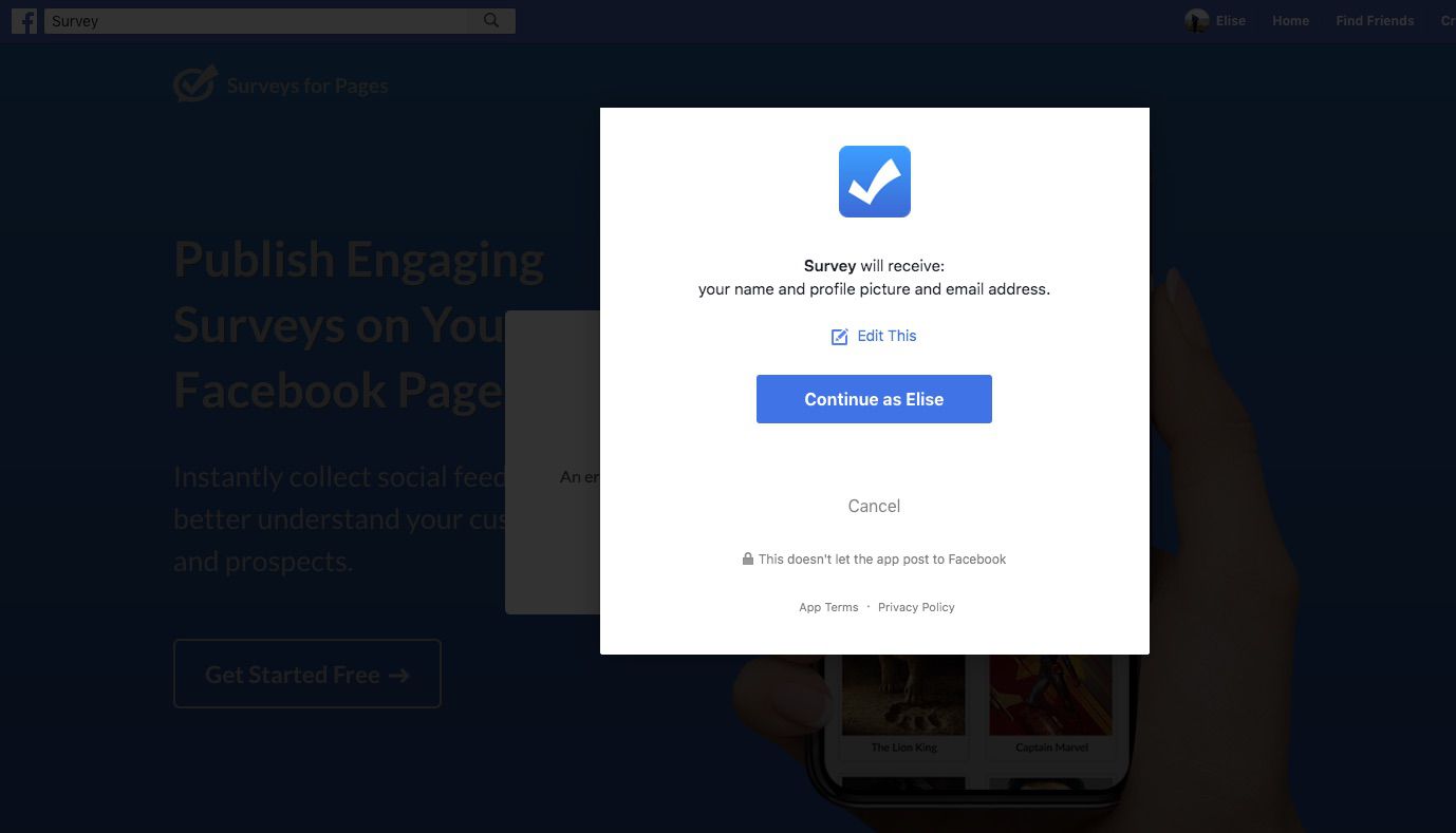 Facebooks konfigurationsskärm för undersökning för sidor