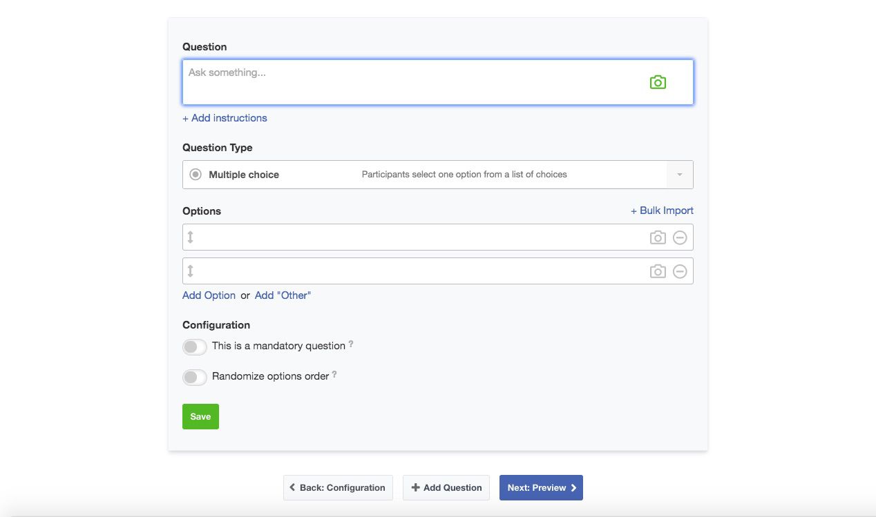 Facebooks konfigurationsskärm för undersökning för sidor