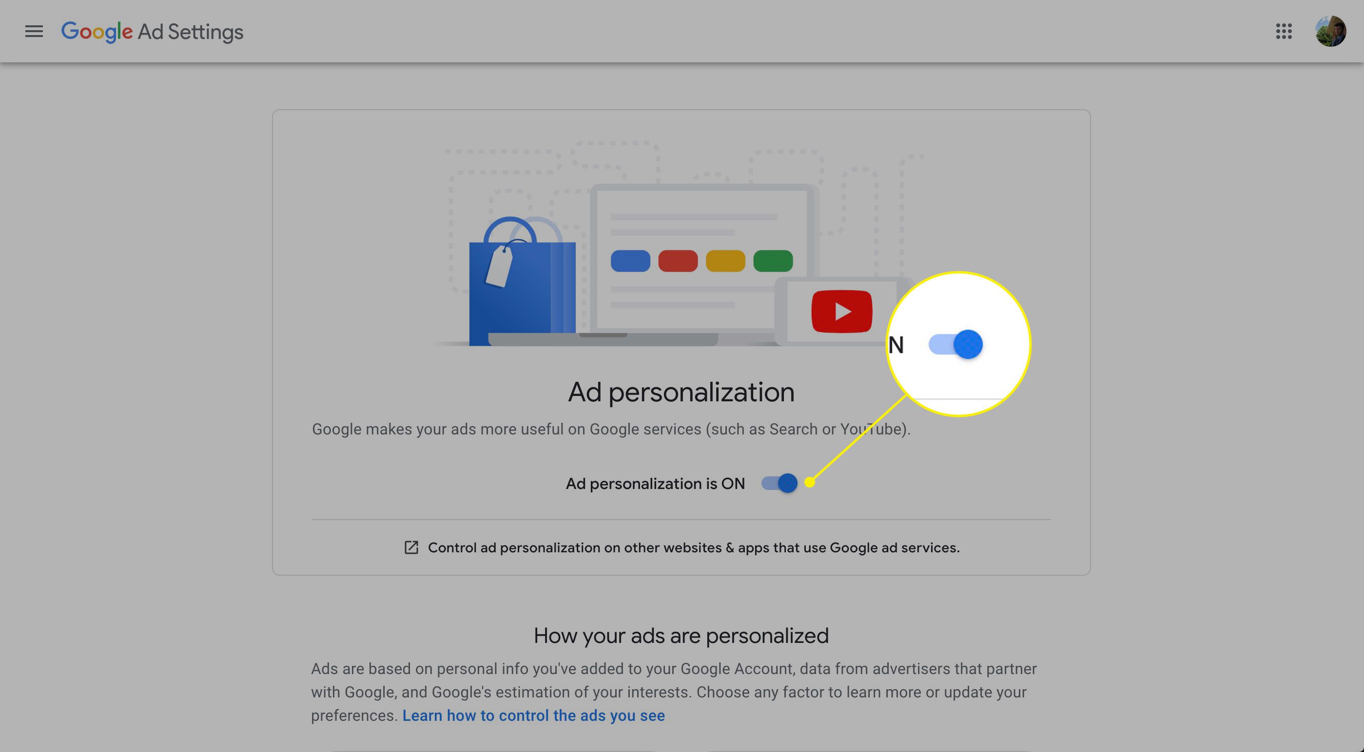 Annonsanpassningsomkopplaren i Googles annonsinställningar