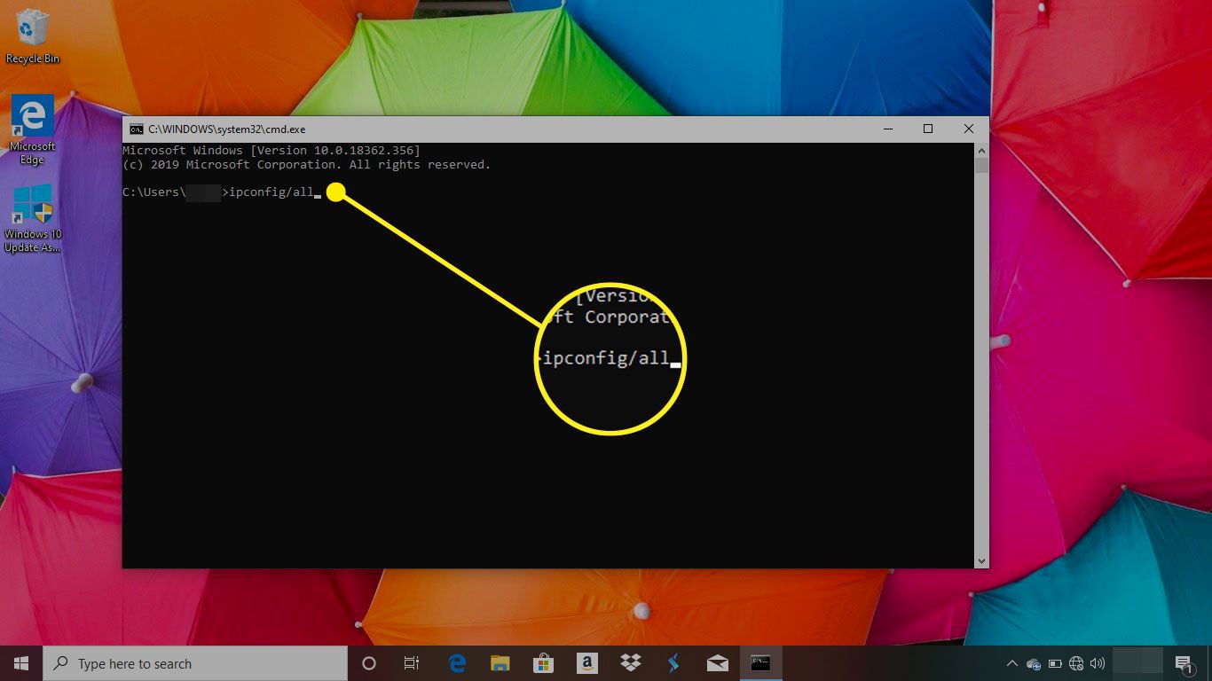 Kommandotolken i Windows 10 med kommandot ipconfig / all markerat
