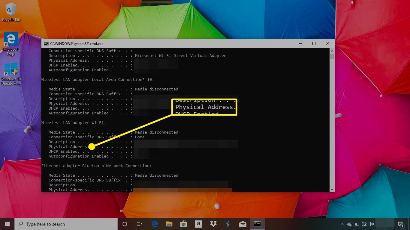Konfigurera all text i Windows 10 med rubriken Fysisk adress markerad