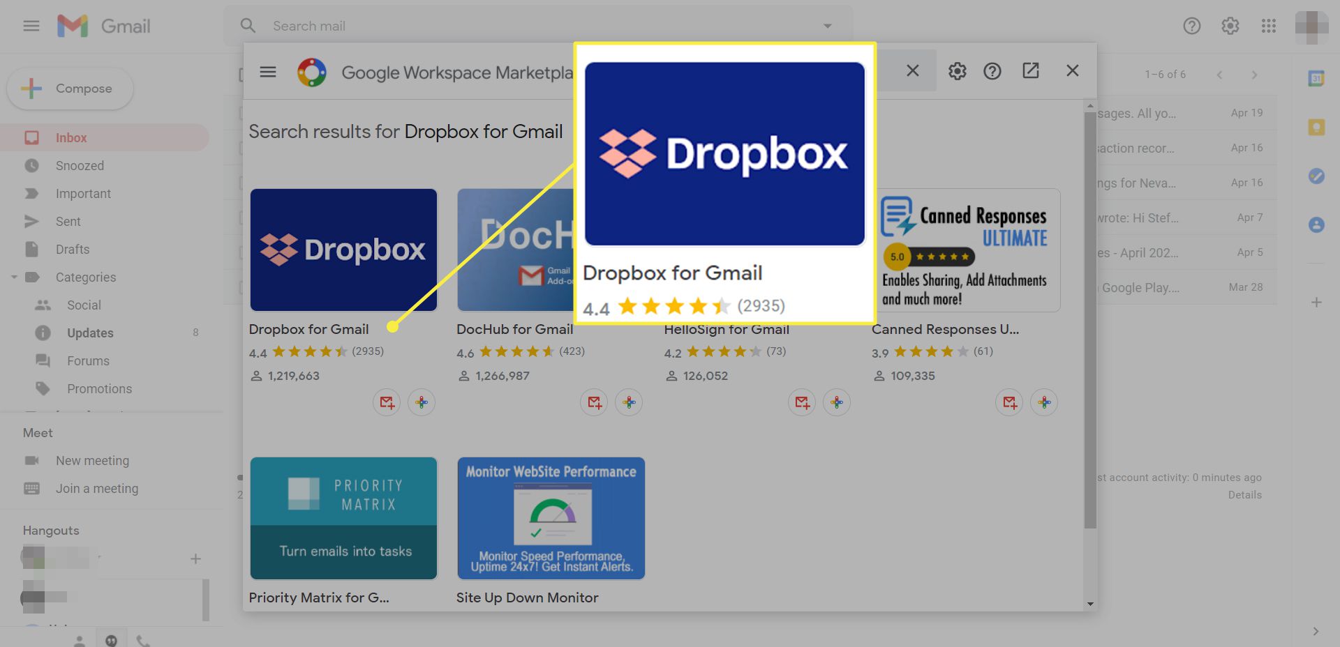 En Gmail-användare söker efter Dropbox-tillägget