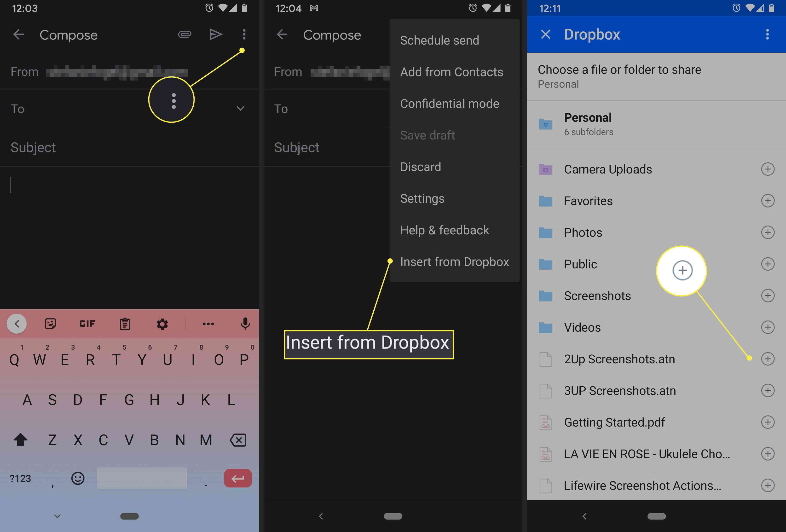 En Android -användare bifogar en Dropbox -fil till ett nytt Gmail -meddelande