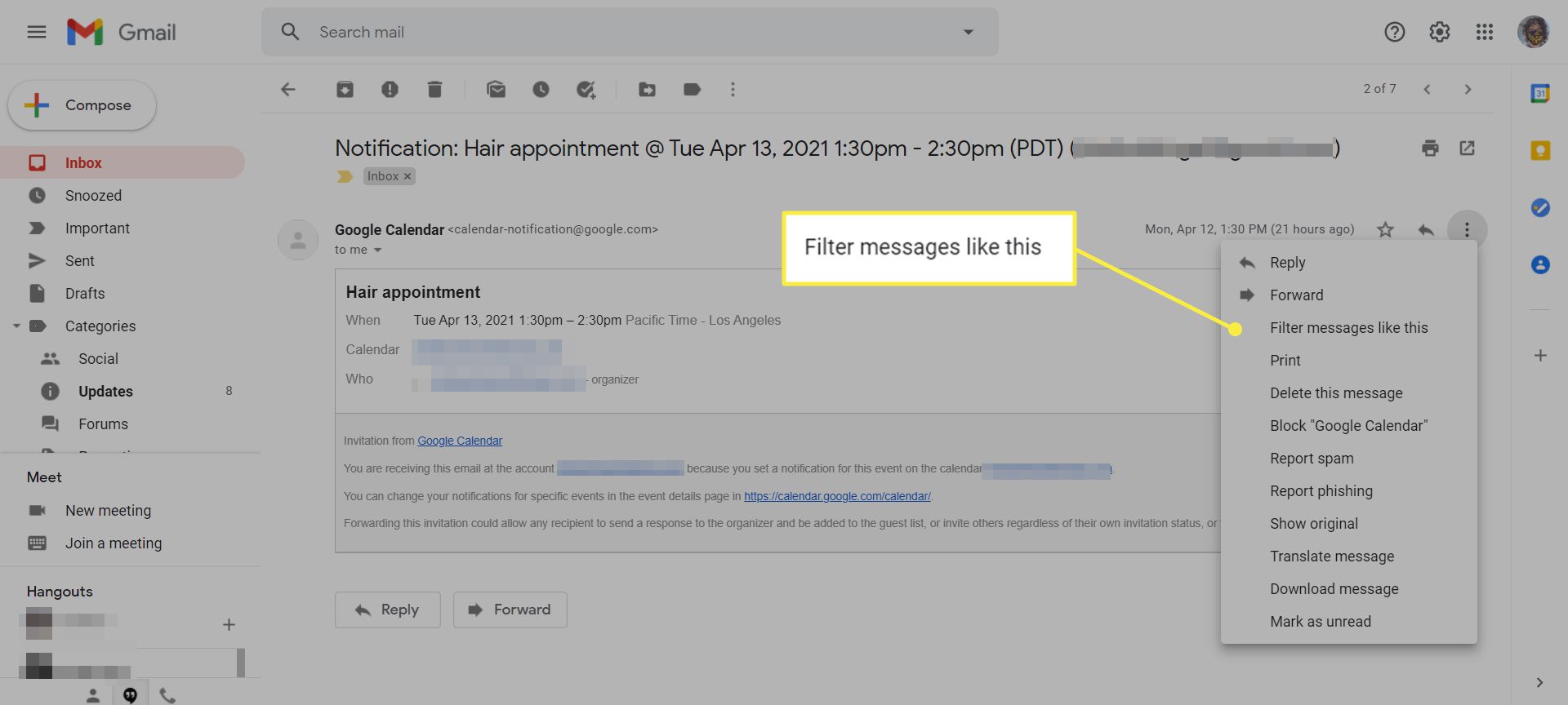 Ett e -postmeddelande i Gmail med menyalternativet 