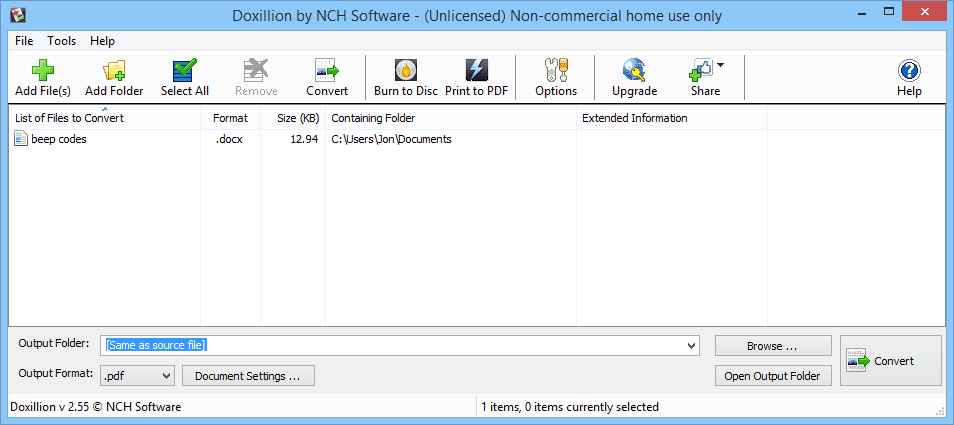 Doxillion dokumentomvandlare i Windows 7