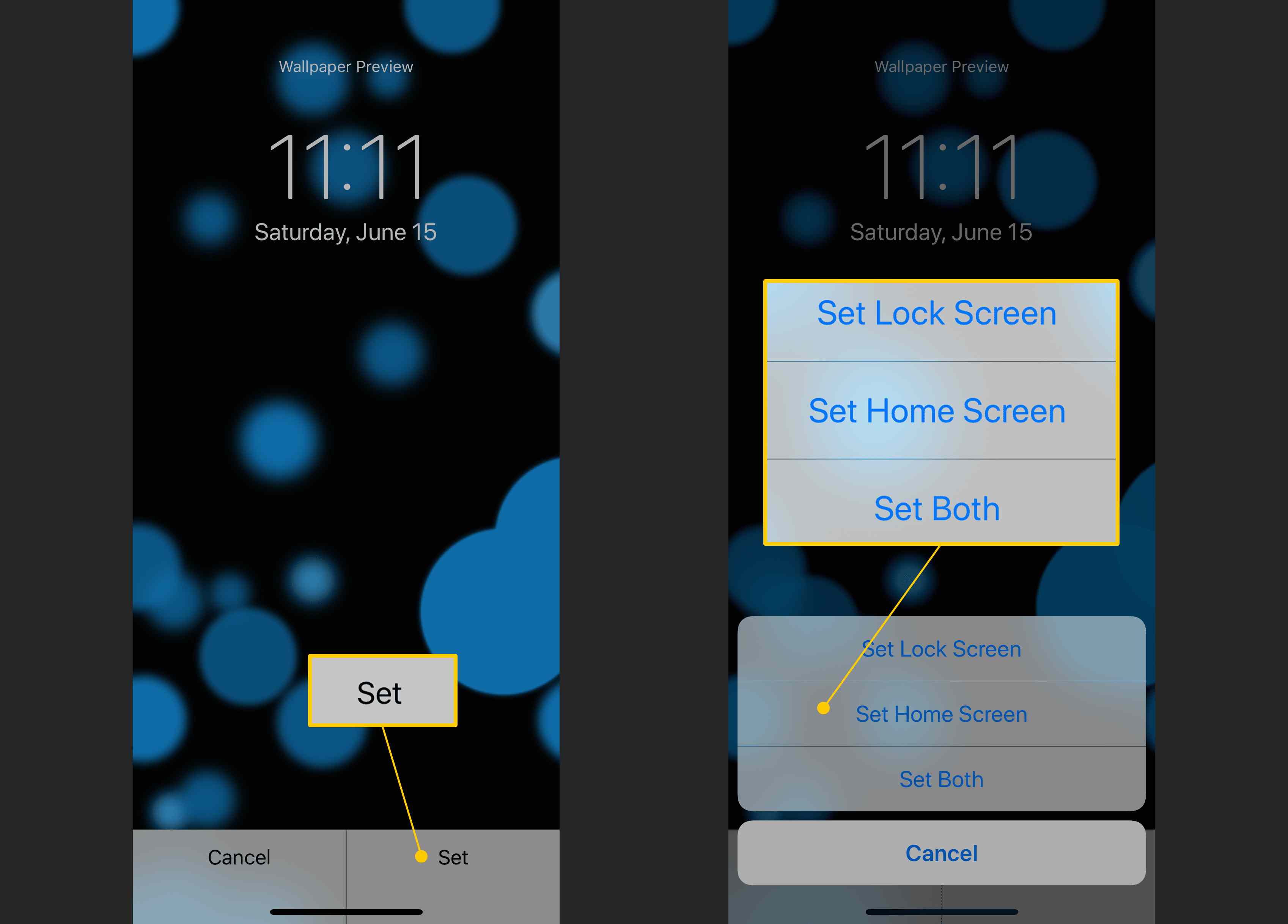 Set -knappen och alternativ för Wallpaper i iOS