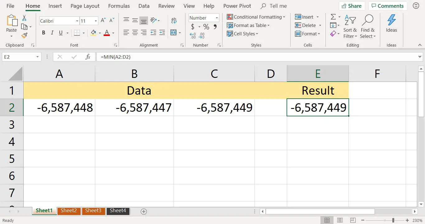 En skärmdump som visar resultatet av MIN -funktionen i ett Excel -kalkylblad