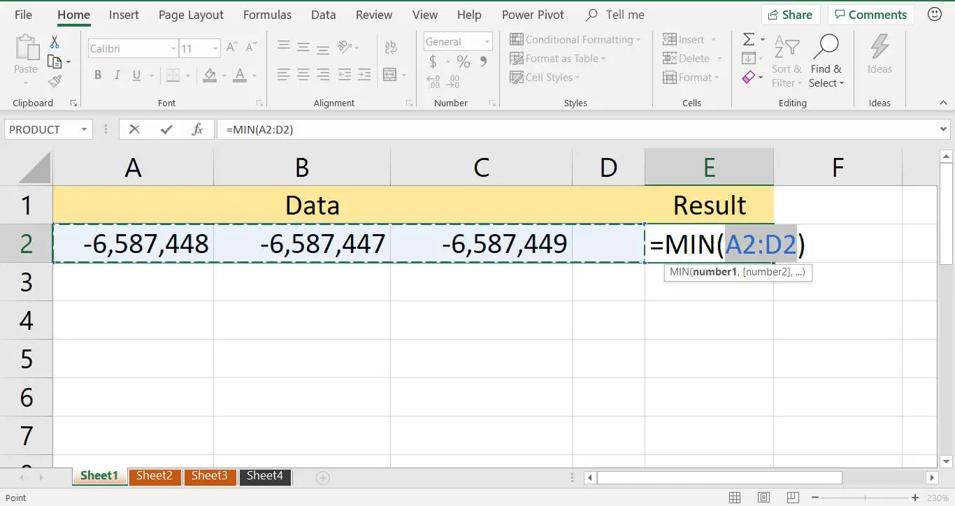 En skärmdump som visar data som väljs som funktionsargument för Excel MIN -funktionen