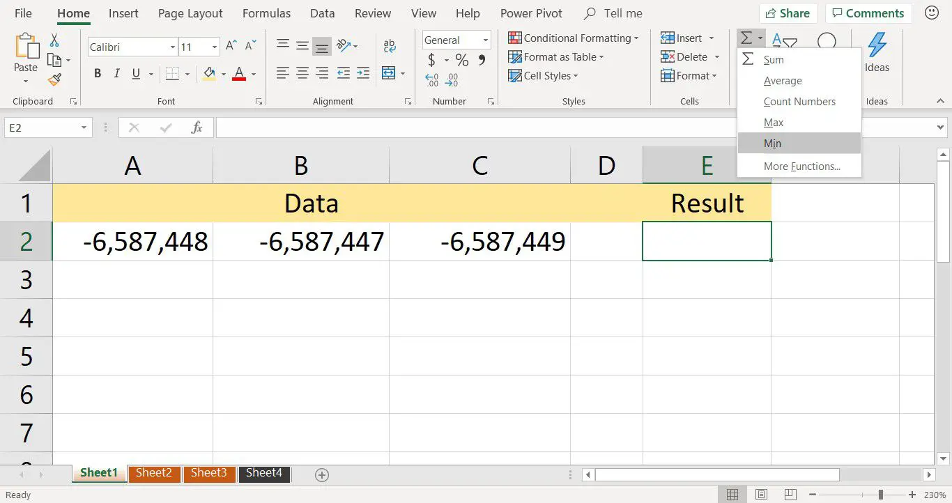 En skärmdump som visar MIN -funktionens genväg på Excel Home -fliken