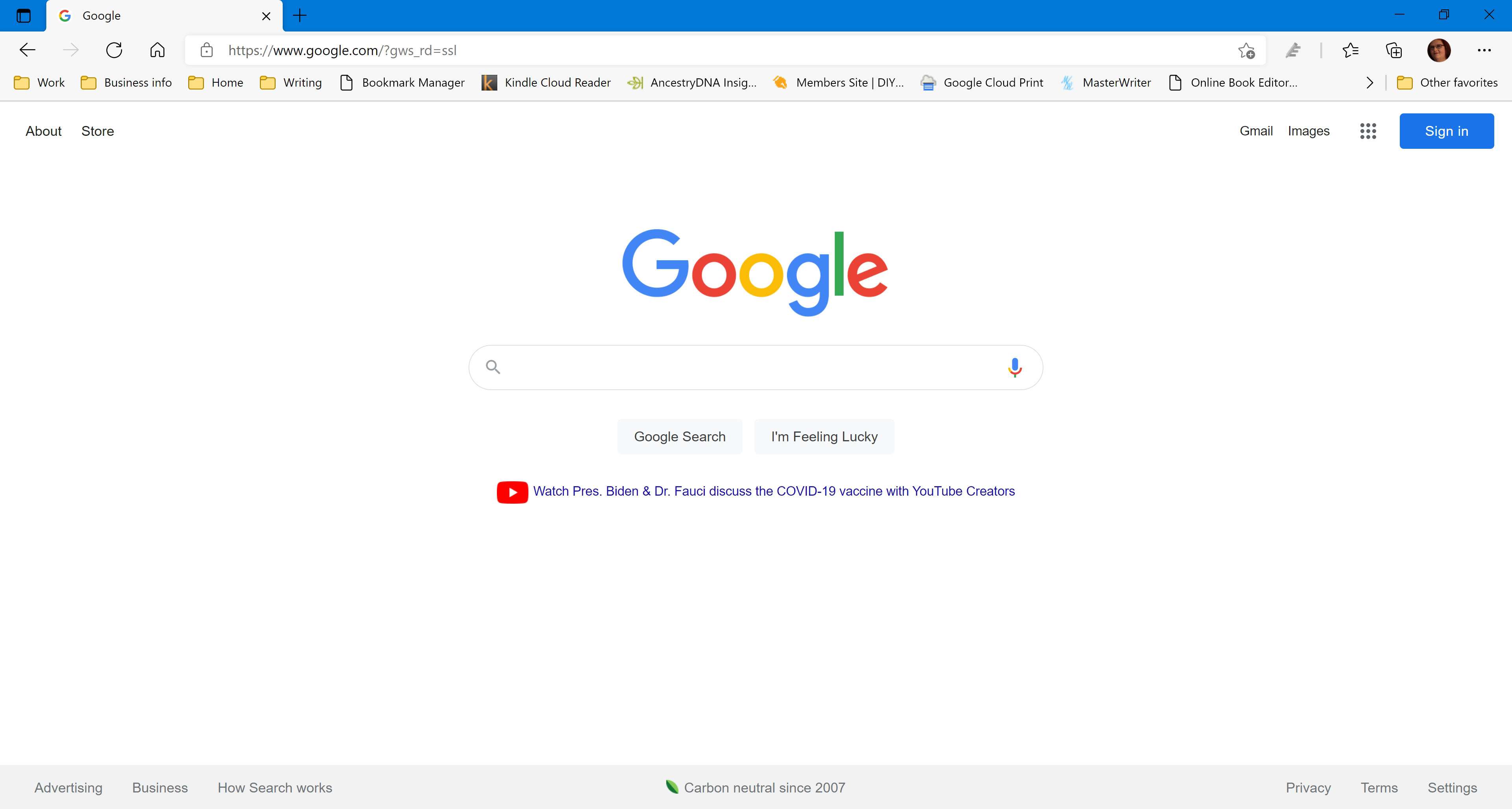 Googles webbplats i Microsoft Edge webbläsare.