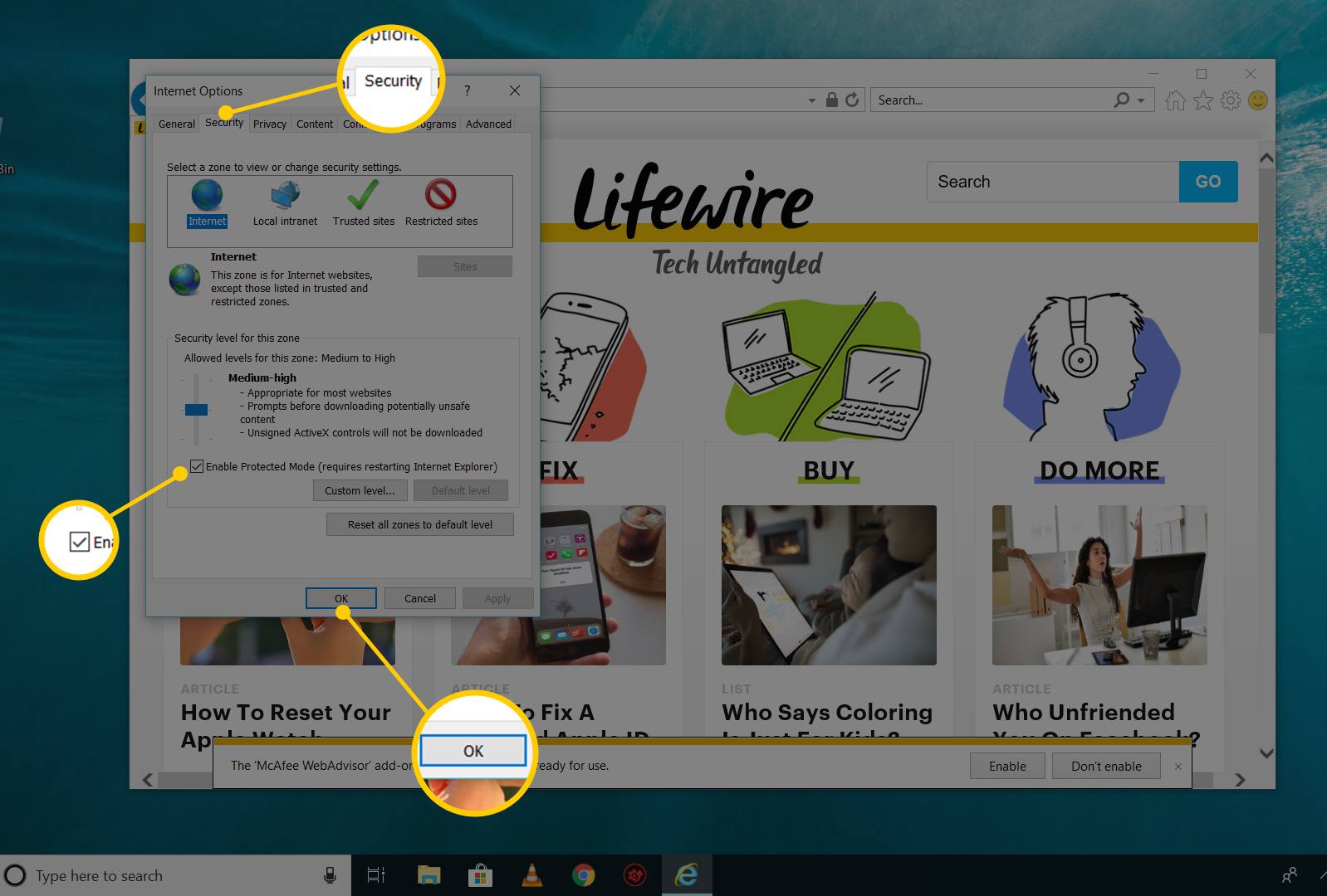 Fliken Säkerhet, Aktivera Skyddat läge och OK -knappen i Windows 10 Internet Explorer Internet -fönster