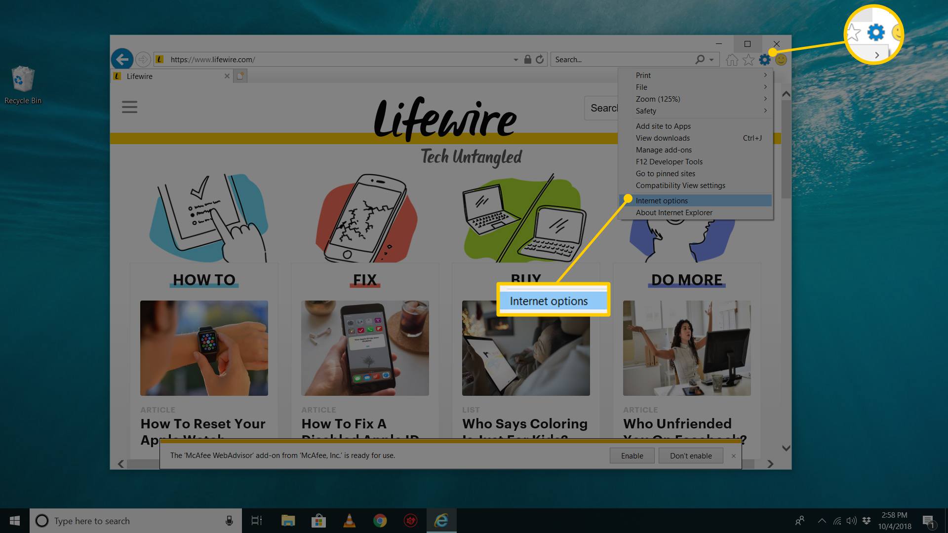 Verktygsknapp och menyalternativ för Internetalternativ i Windows 10 Internet Explorer