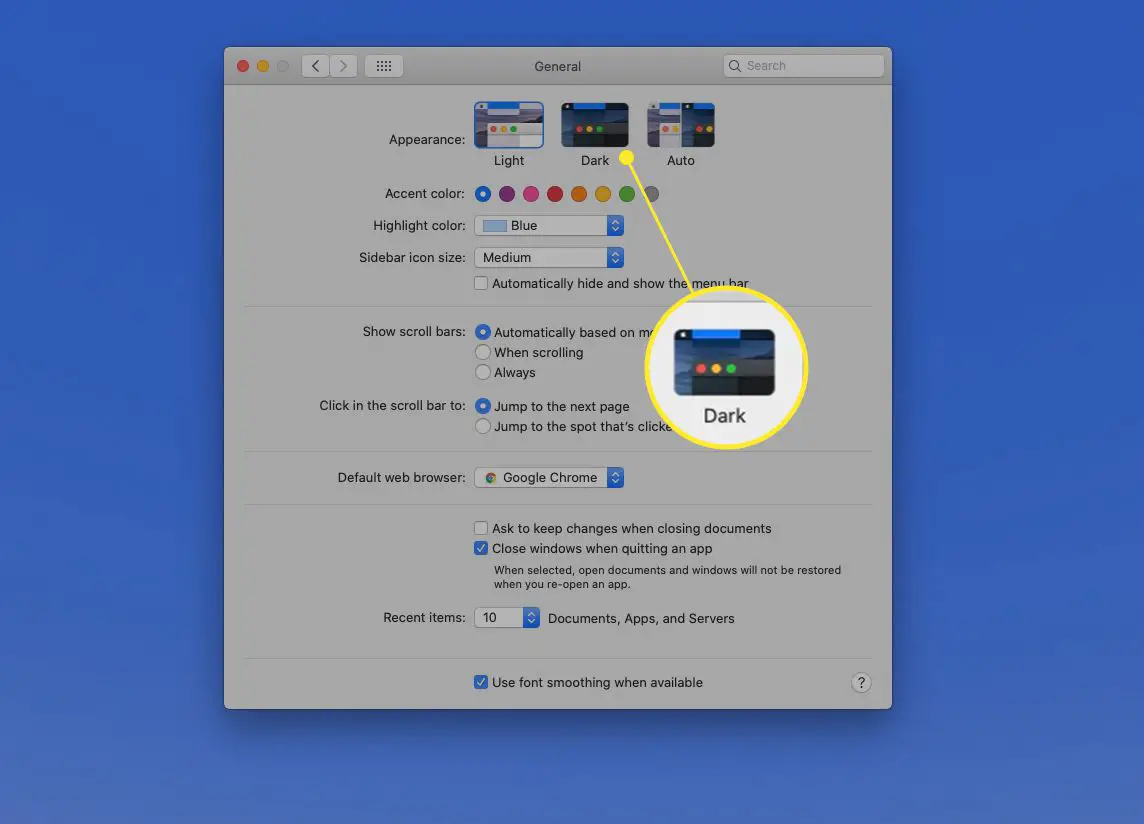 Mac Systeminställningar Utseende med mörkt markerat