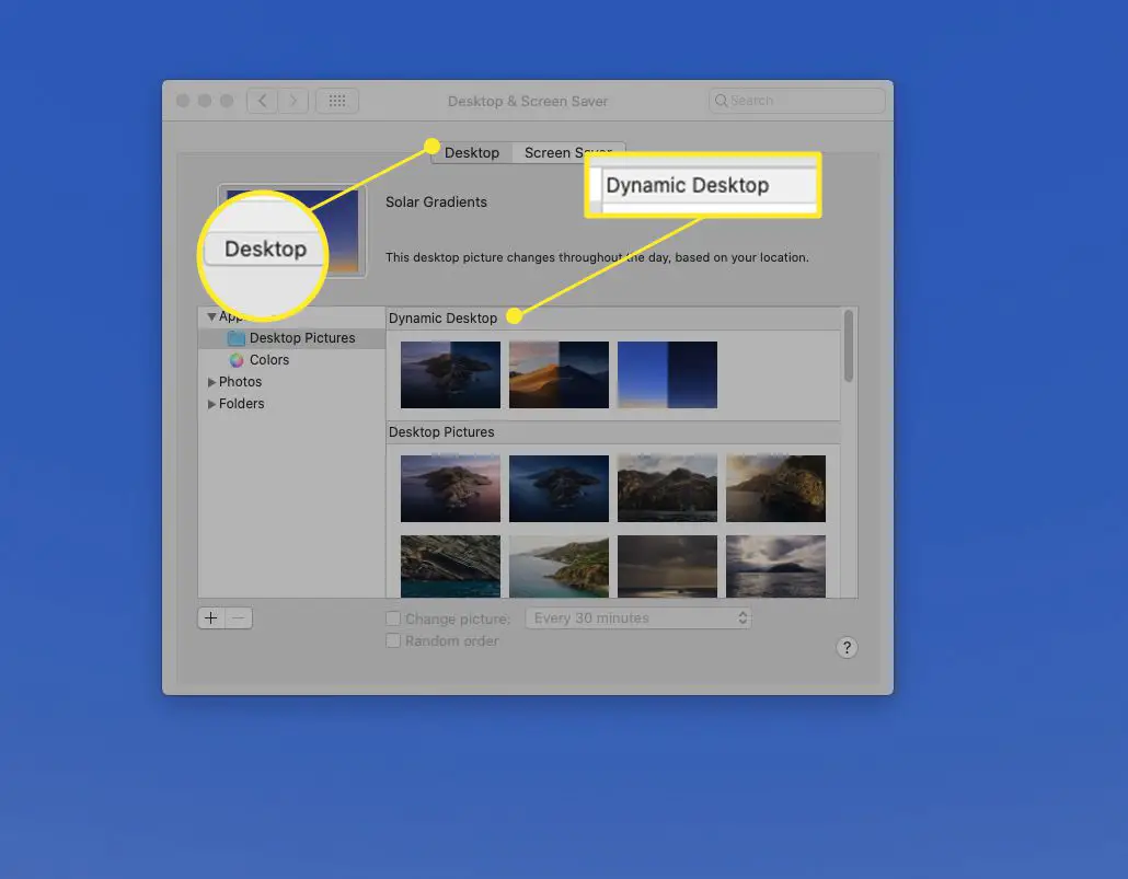 Skrivbord och skärmsläckare med "Desktop" och "Dynamic Desktop" markerat