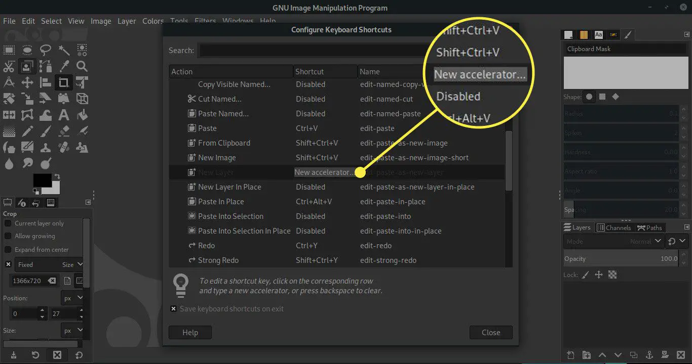 En skärmdump av skärmen Konfigurera kortkommandon i GIMP med fältet New Accelerator markerat