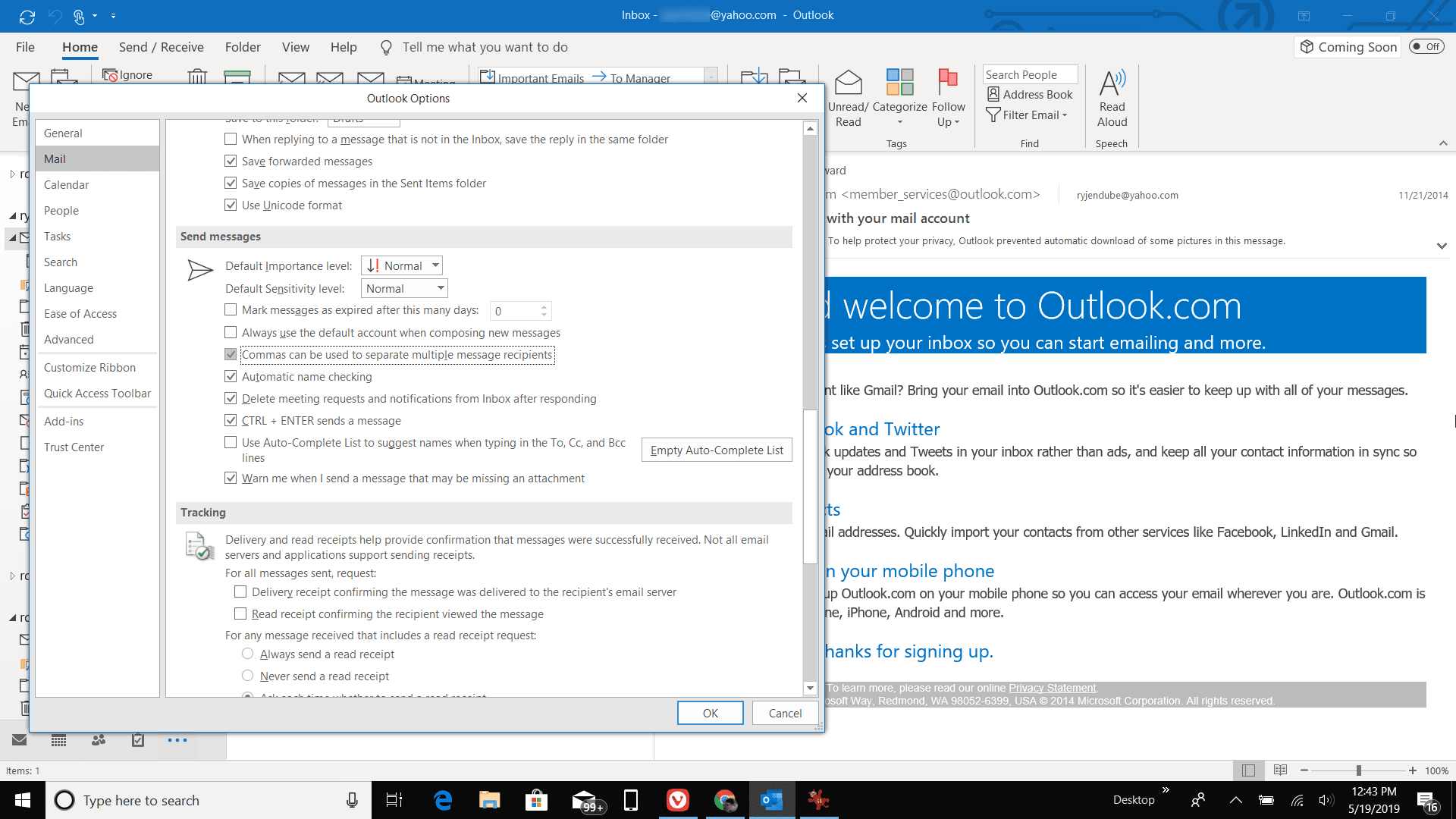 Skärmdump av aktivering av kommatecken för mottagare i Outlook