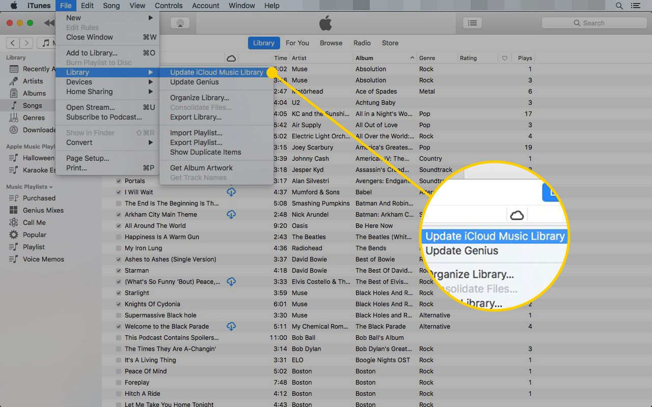 iTunes med sökvägen till Uppdatera iCloud Music Library markerad