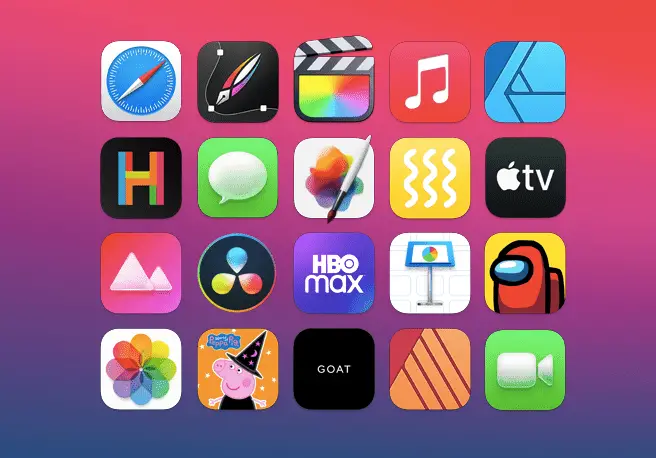 En samling appar tillgängliga på macOS, inklusive HBO Max, Among Us och Apple TV