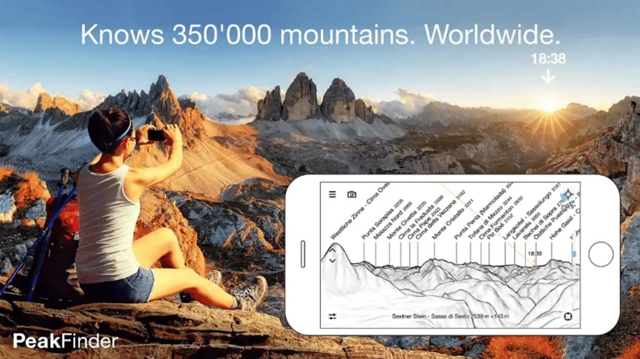 En skärmdump av PeakFinder-appen som inkluderar en kvinna som använder appen för att namnge topparna i ett bergskedja.
