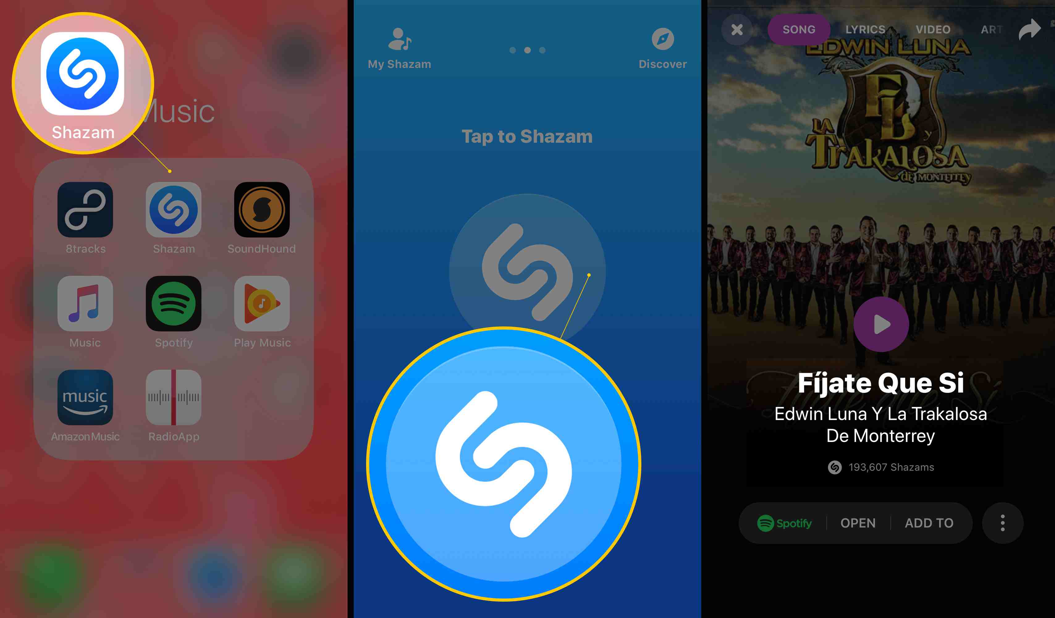 Tre iOS-skärmar som visar Shazam-appikonen, Tap to Shazam och en hittad låt (Fijate Que Si)