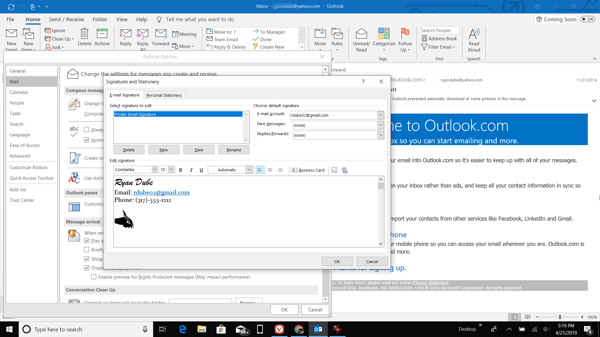 Skärmdump för att skapa en signatur i Outlook