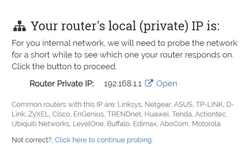 Skärmdump av webbplatsen Vad är min router IP