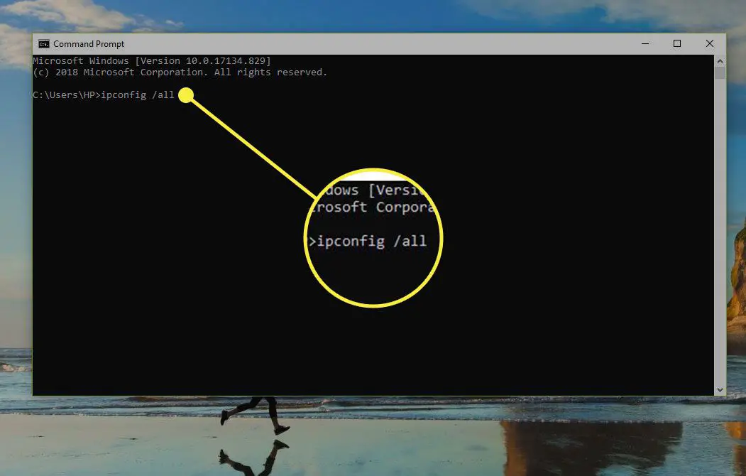 En skärmdump av kommandotolken med kommandot ipconfig / all markerat