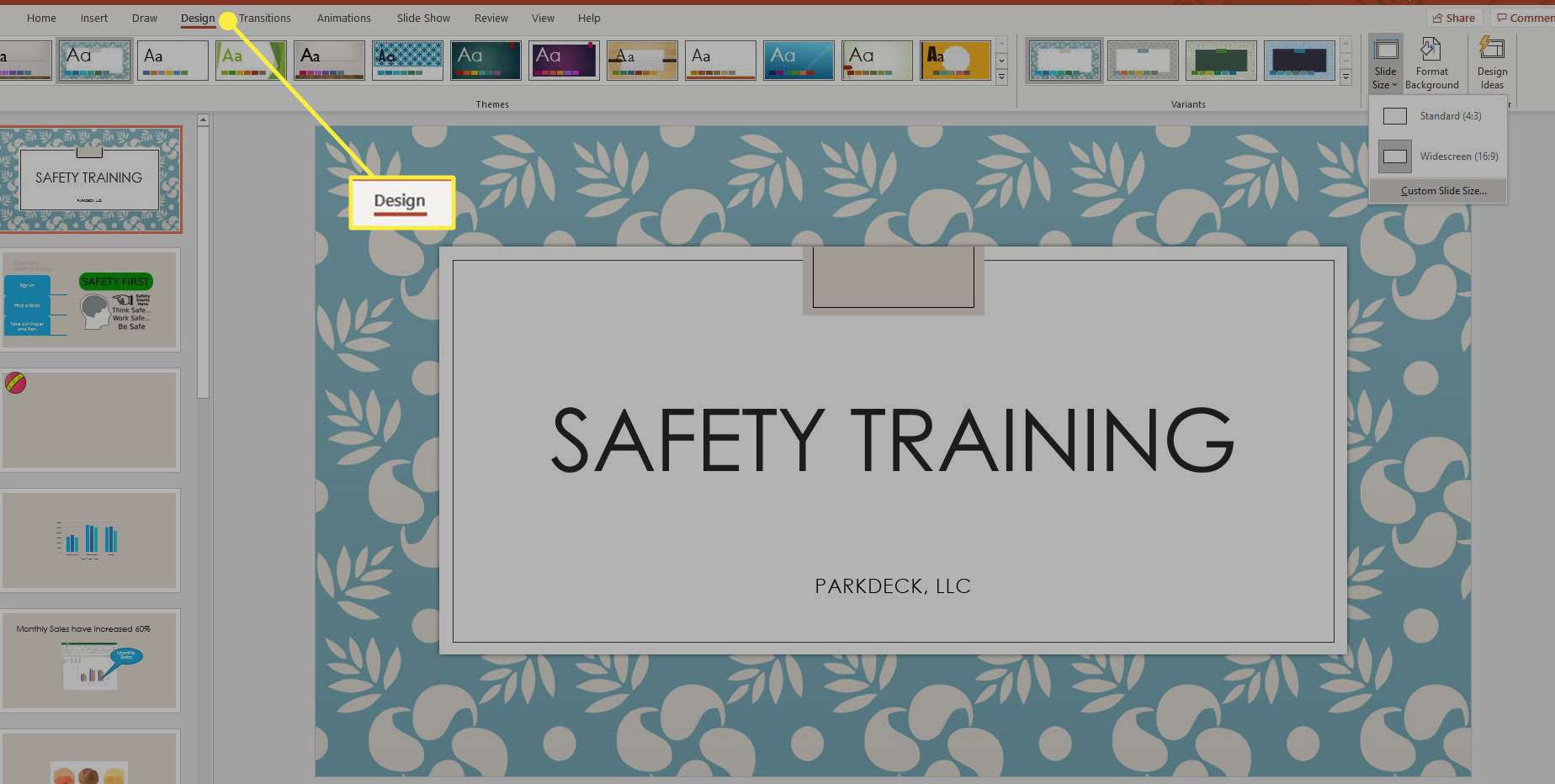 En skärmdump av Powerpoint med fliken Design markerad