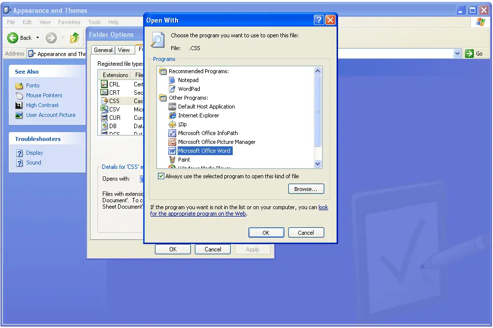 Inställningar för filassociation i Windows XP