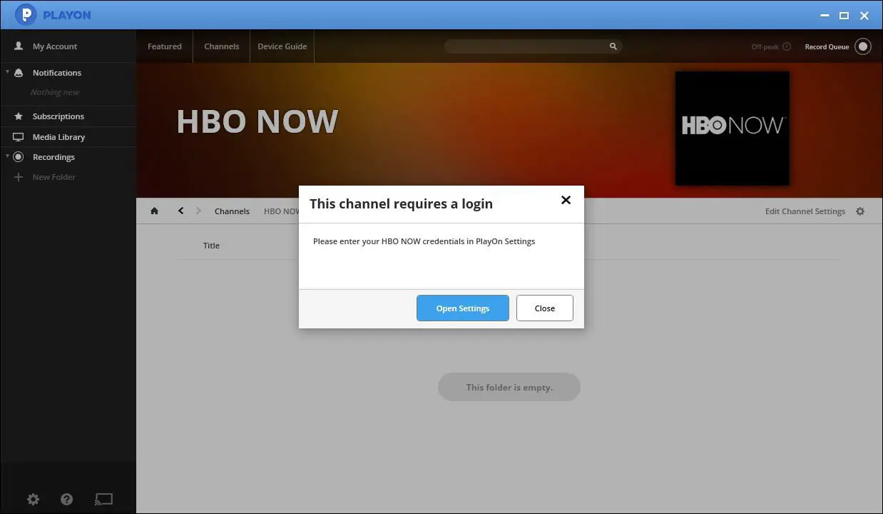 En skärmdump av HBO Now på PlayOn.