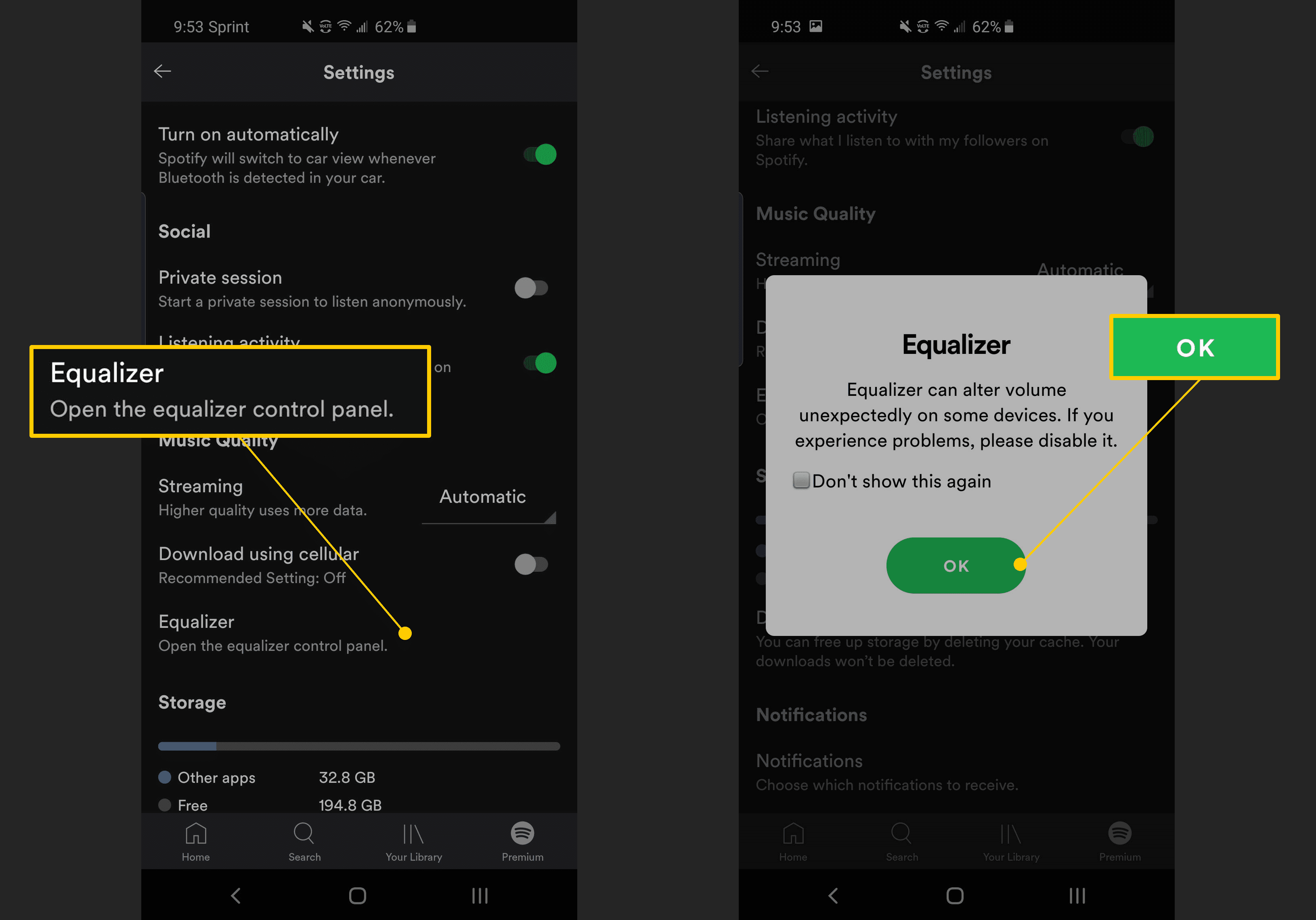 Equalizer, OK-knapp i Spotify-inställningar på Android