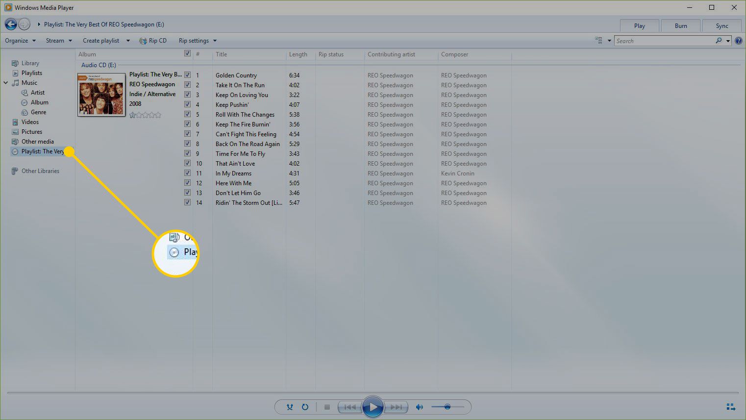 Windows Media Player med en ljud-CD markerad