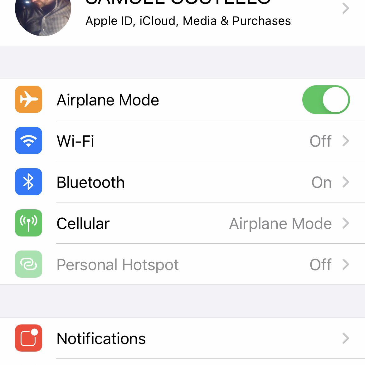 Skärmdump av flygplansläge aktiverat i appen iPhone Inställningar
