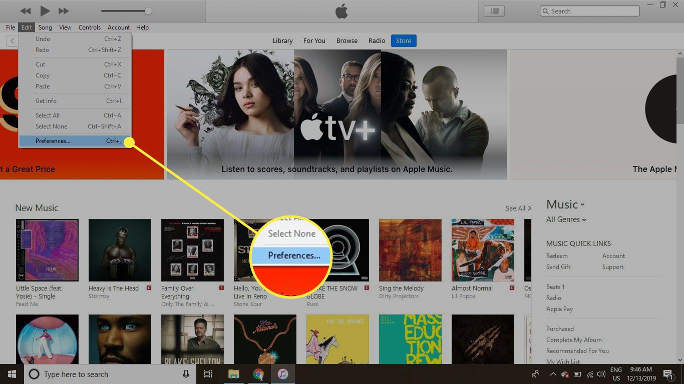 iTunes med menyalternativet Inställningar markerat