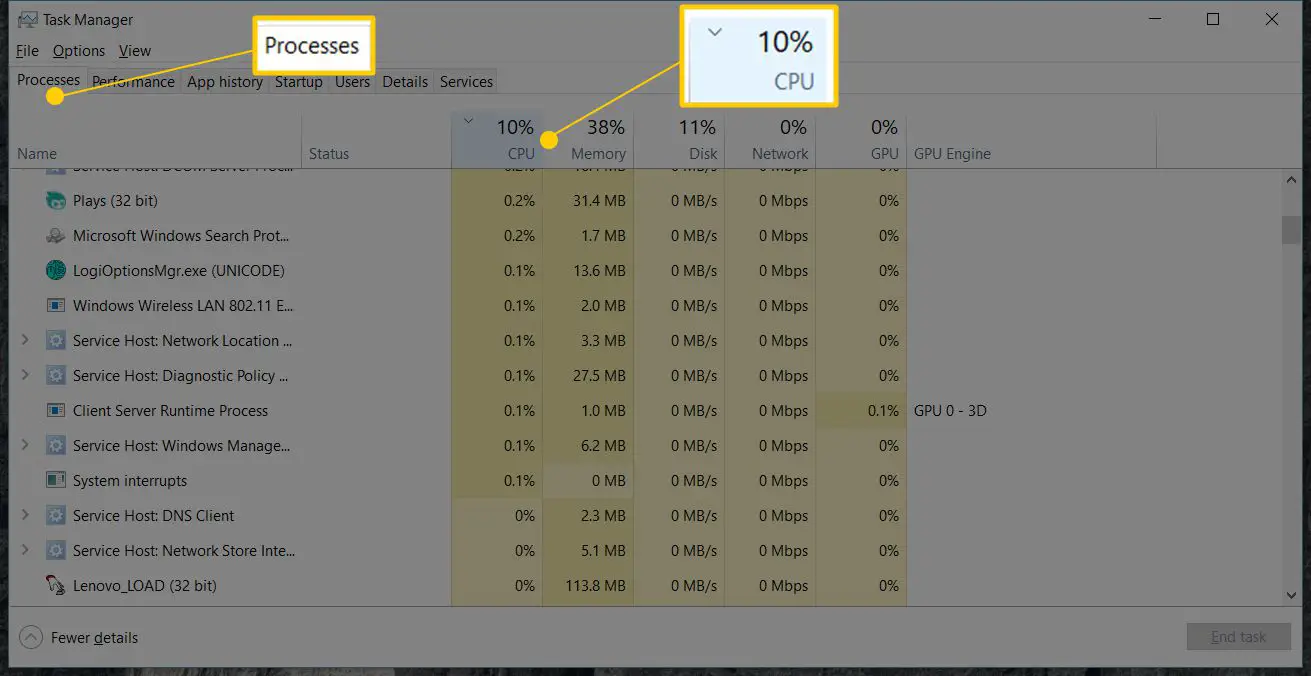 Fliken Processer och CPU i Diskhanteraren för Windows 10