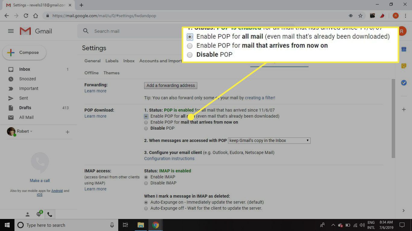En skärmdump av Gmail POP-inställningar med POP-nedladdningsalternativen markerade