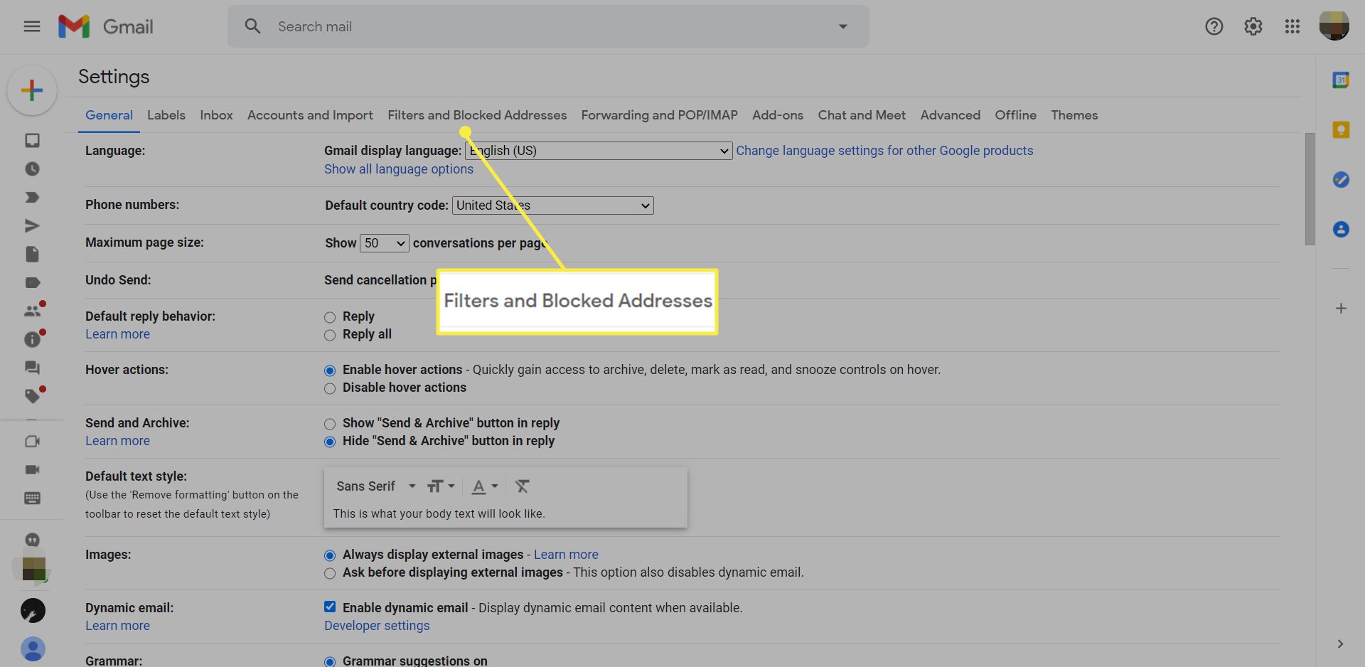 Gmail-inställningar med fliken Filter och blockerade adresser markerade