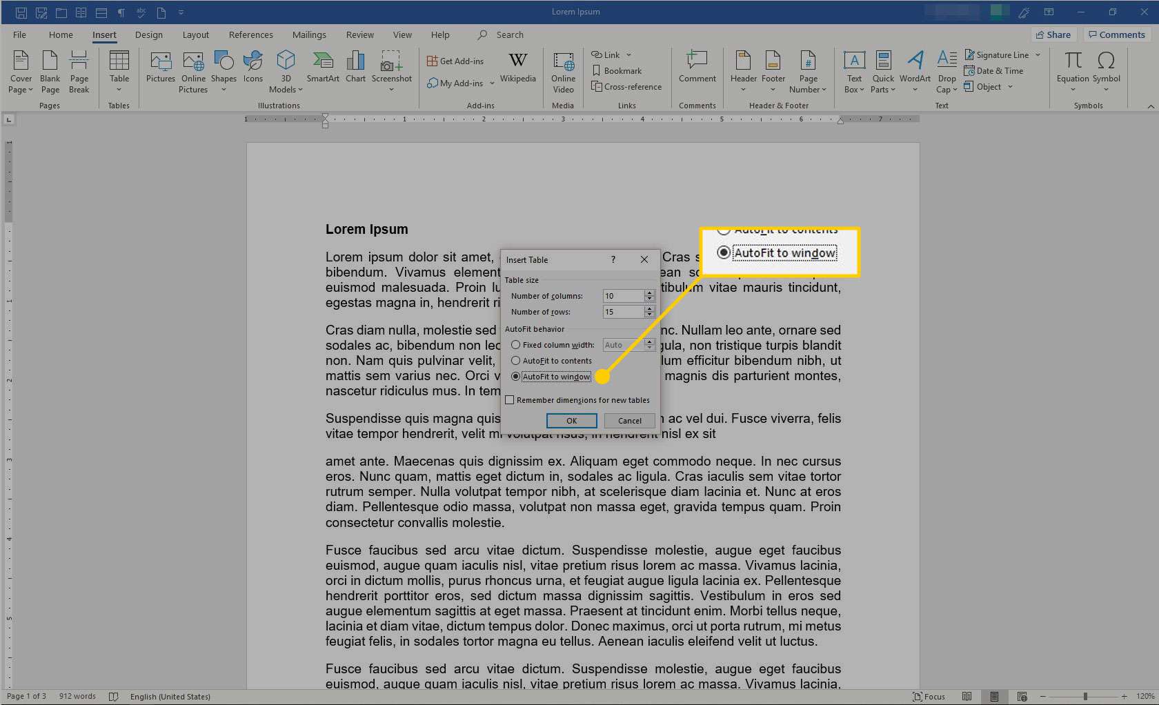 Infoga tabellruta i Microsoft Word med alternativet Autofit to Window markerat