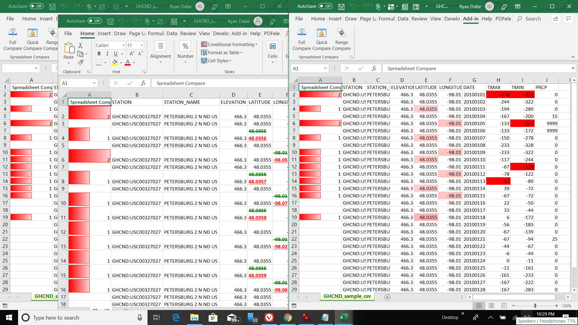 Skärmdump av en jämförelserapport för Excel-kalkylblad