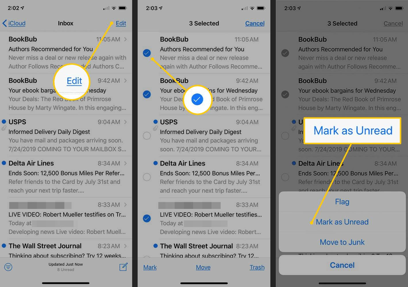 Redigera-knapp, kryssruta, Markera som oläst-knapp i iOS Mail