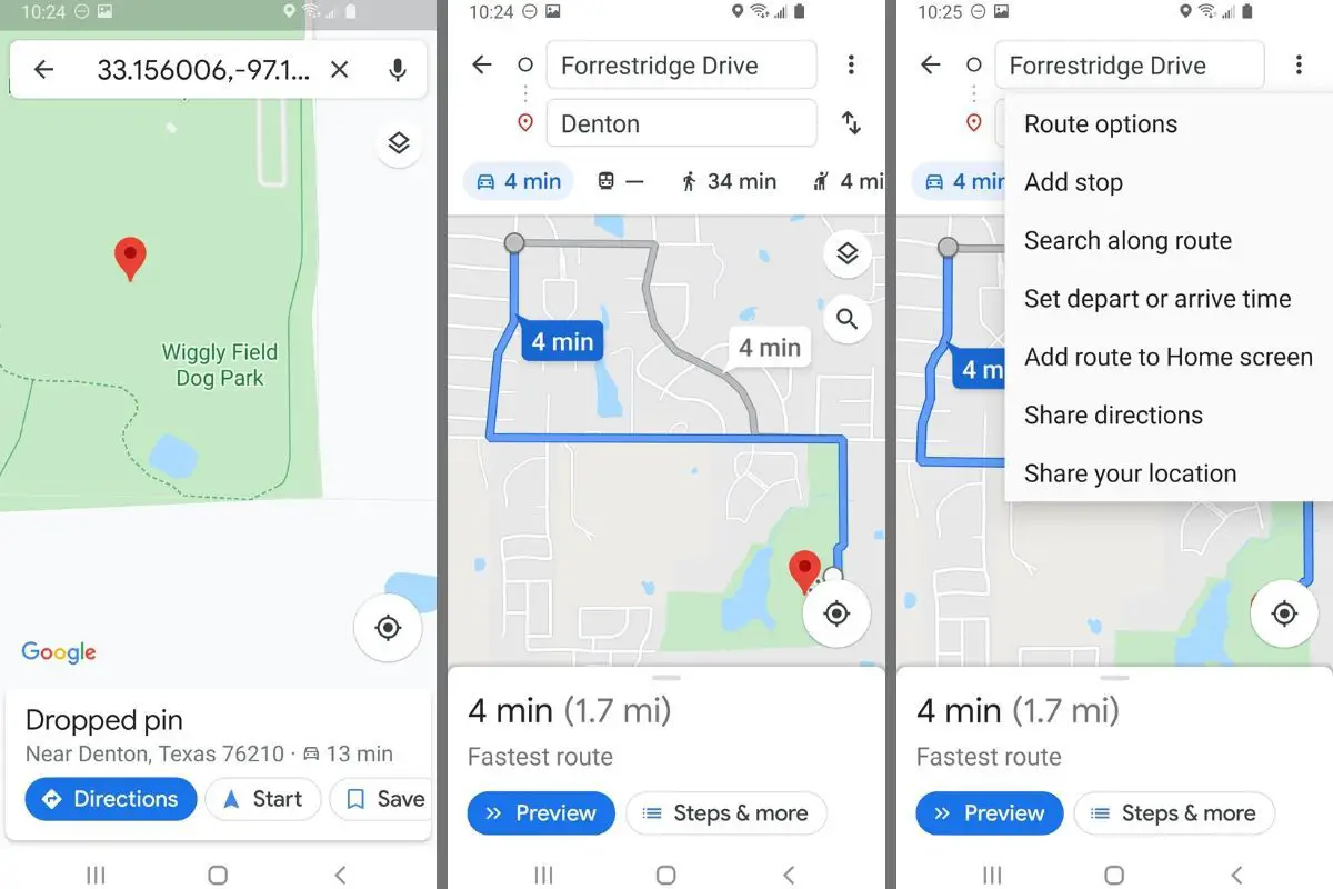 Tappat nål, vägbeskrivning och delningsanvisningsalternativ i Google Maps på Android-telefon