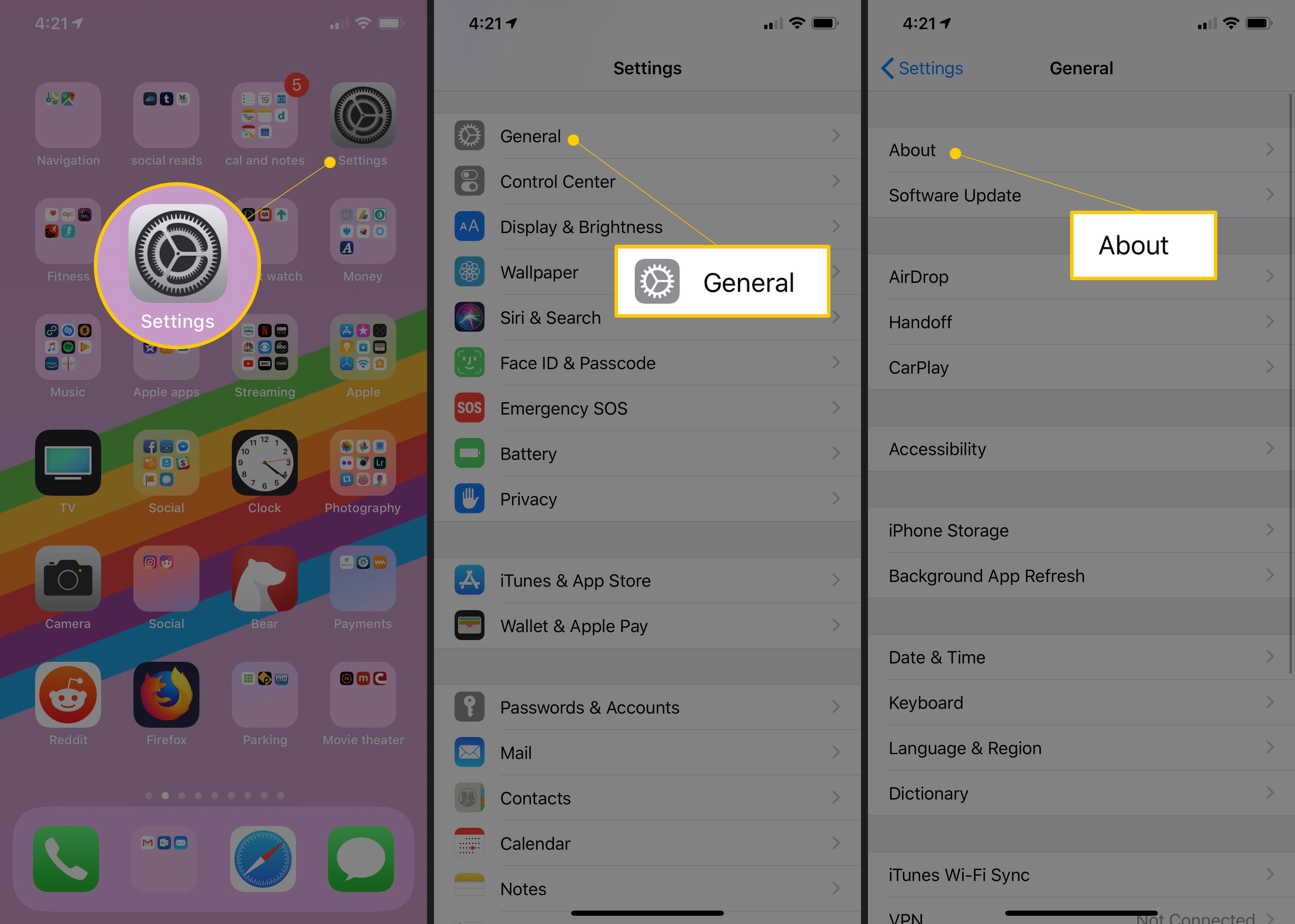 Inställningsikonen, Allmänt-knappen, Om-knappen i iOS-skärmdumpar