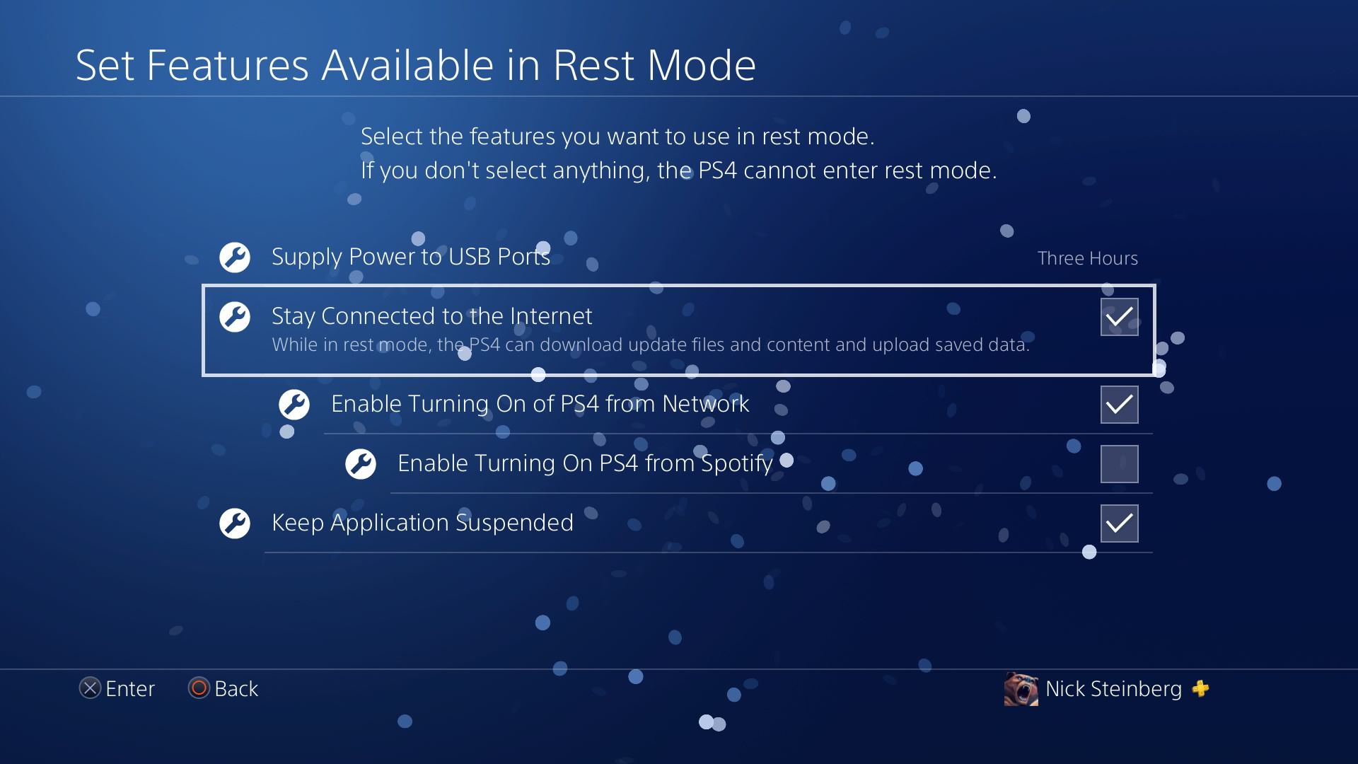 Välja funktioner för viloläge i PS4-inställningar.