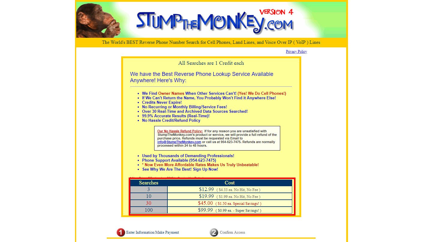 Skärmdump av webbplatsen StumptheMonkey.com som visar deras avgift för omvänd telefonsökning.