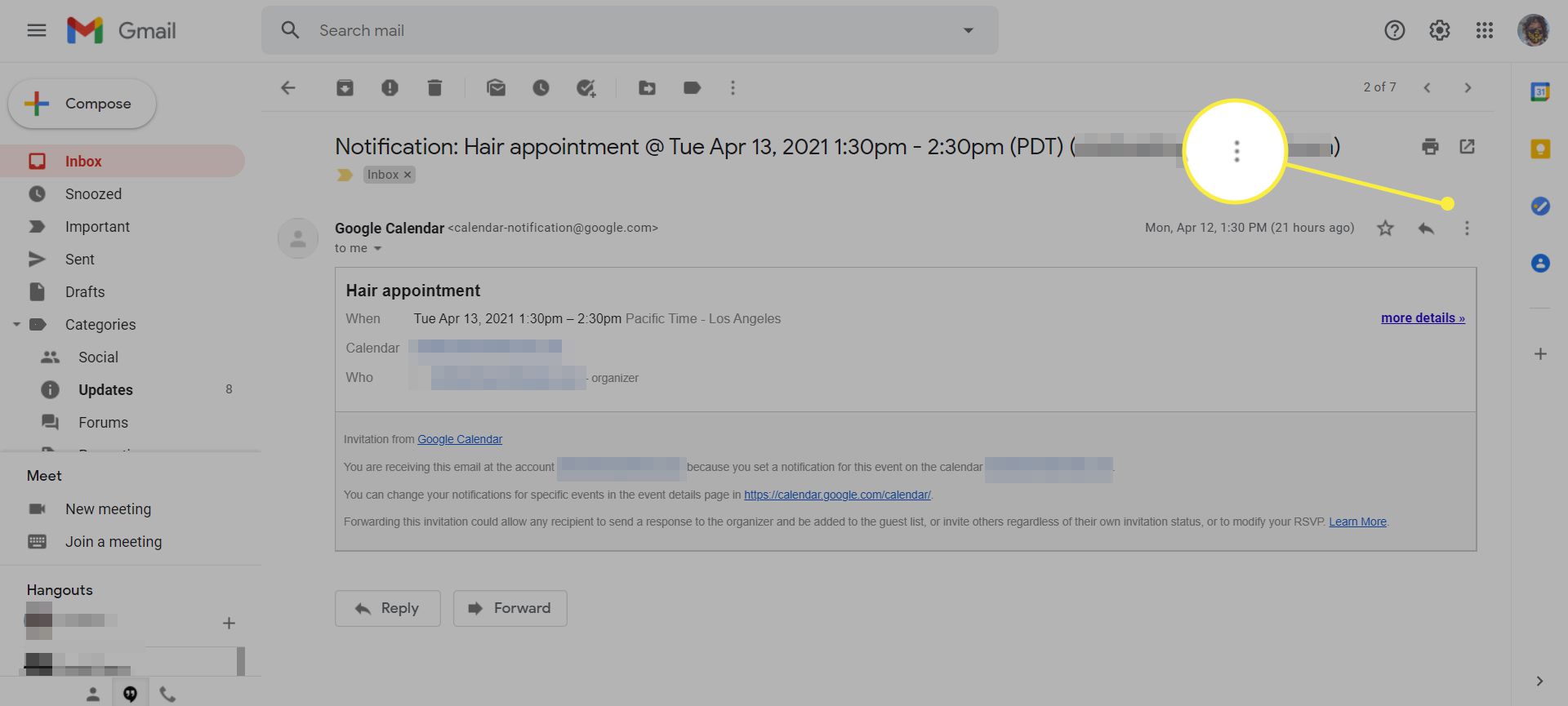 Ett e -postmeddelande i Gmail med menyikonen Mer markerad