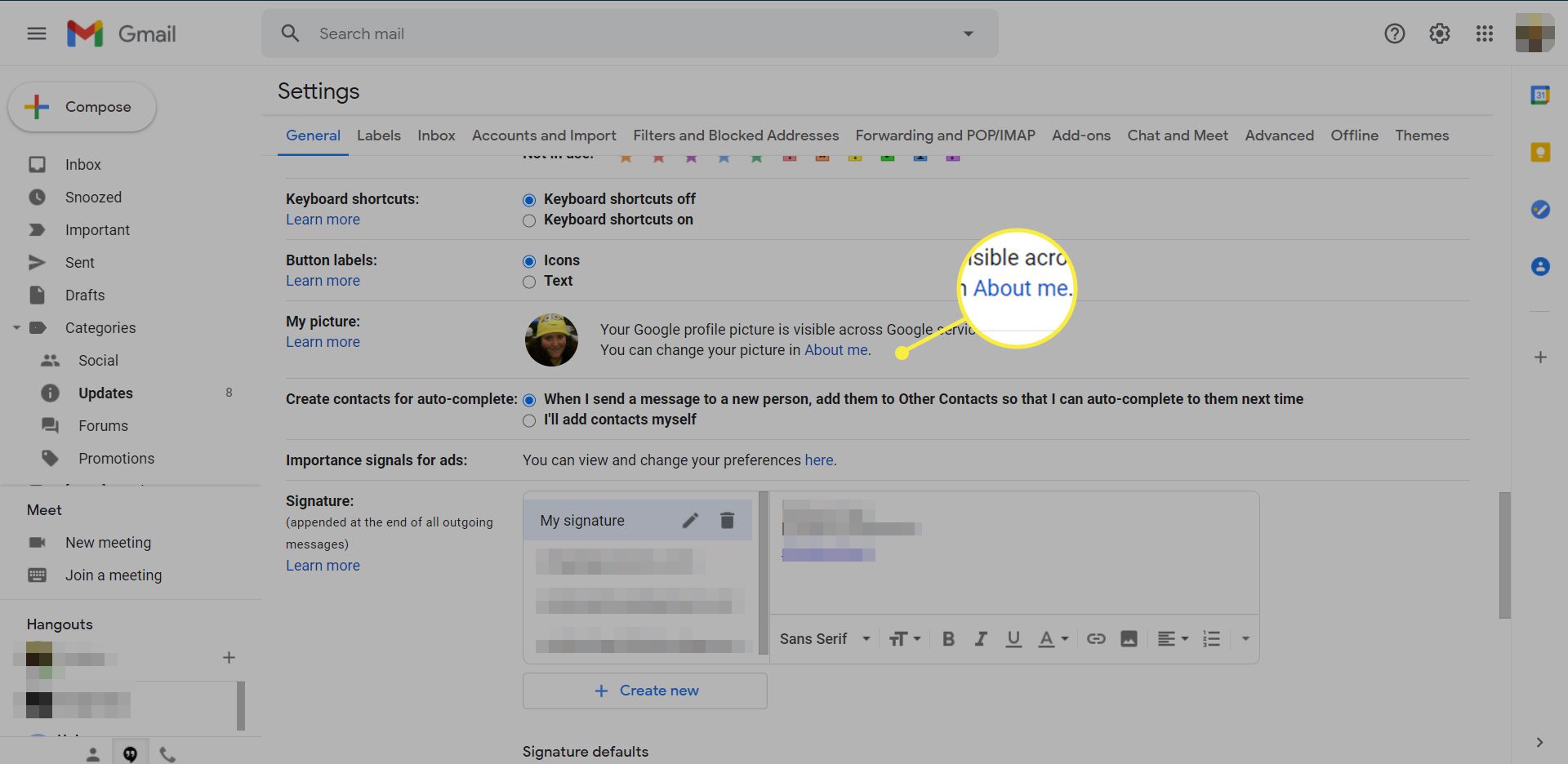 Allmänna inställningar för Gmail med 'Om mig' markerade