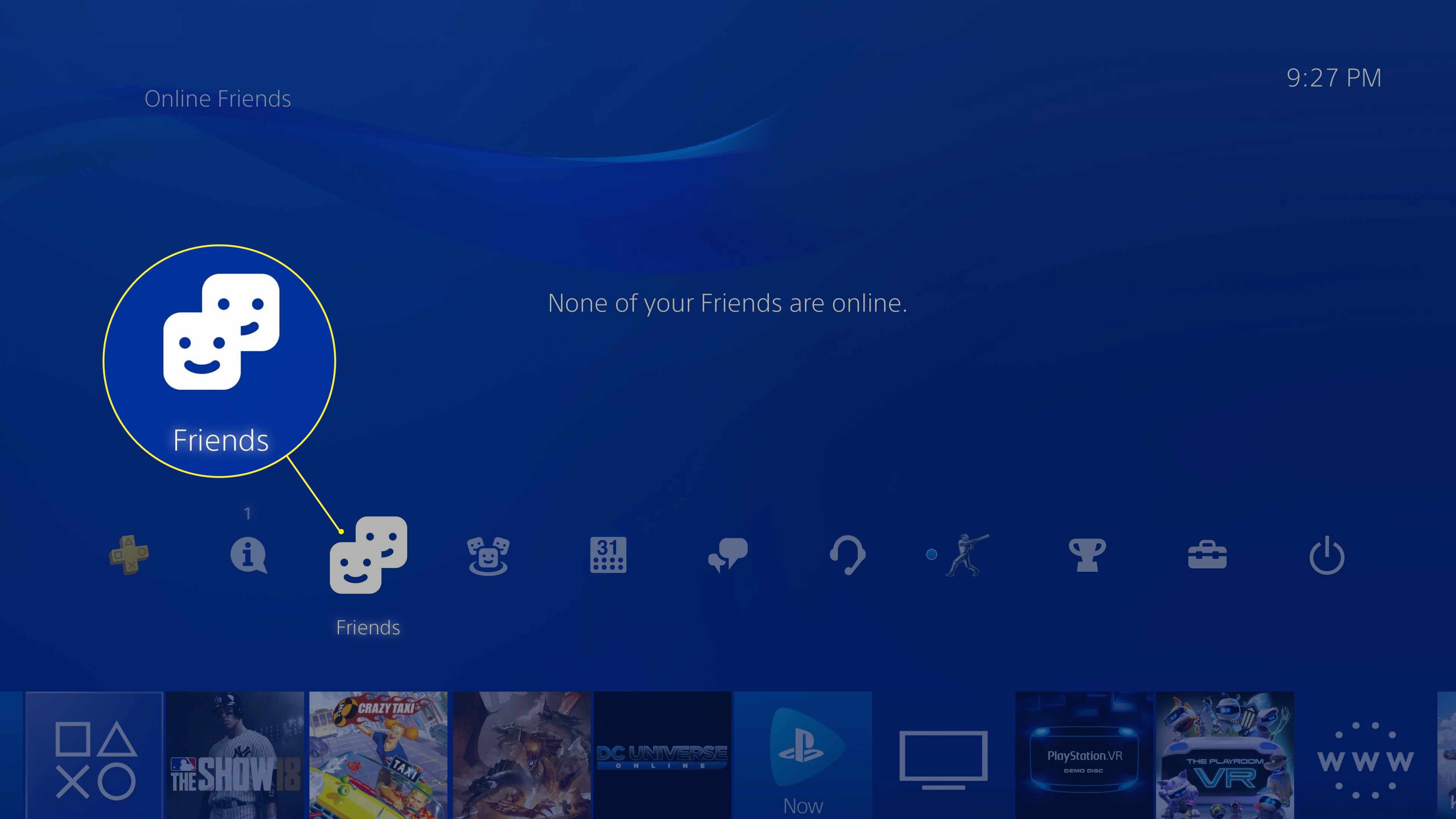 PS4 huvudskärm med vänner markerade