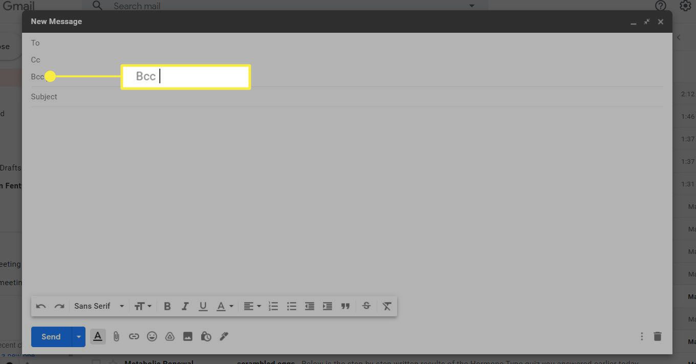 Fältet "Bcc" markerat i ett nytt e-postmeddelande